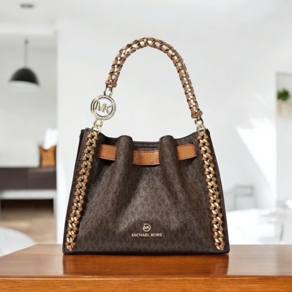 Michael Kors Mina Small Handbag Brown Logo Satchel Tote Braided Handle - Picture 1 of 16
